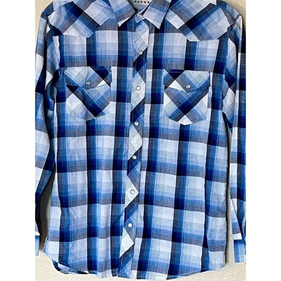 Roper Youth Child Boys XL Pearl Snap Plaid Blue Long Sleeve Shirt Western Cowboy - Picture 3 of 7